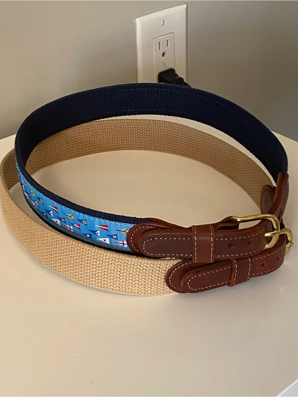 J.Bailey boys belts 25”-27” tan Belt and Blue Nautical Ribbon bundle